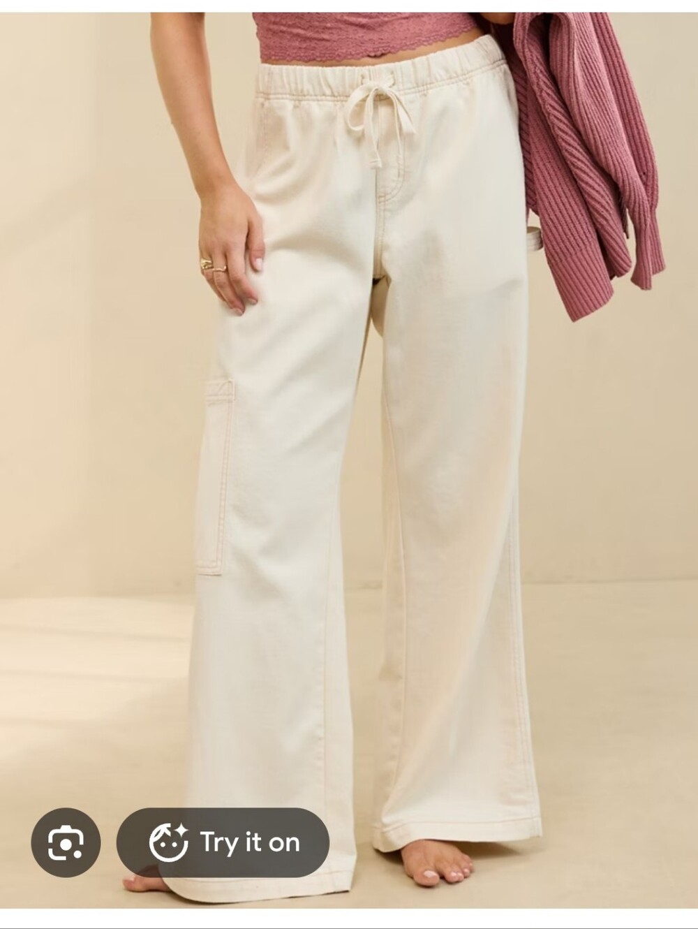 Aerie Low & Slouchy Trouser Pants Cream Size Medium